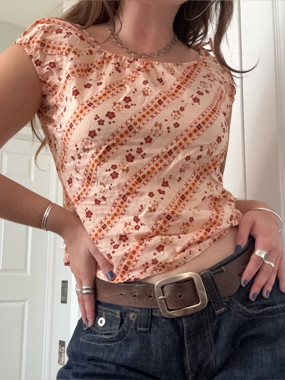 Old Navy Peach-Pink Floral Cap Sleeve Blouse